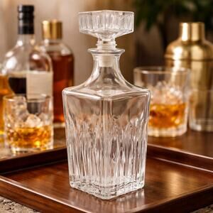 Vintage Italian Cut Glass Decanter Square Stopper 9.5” Made in Italy